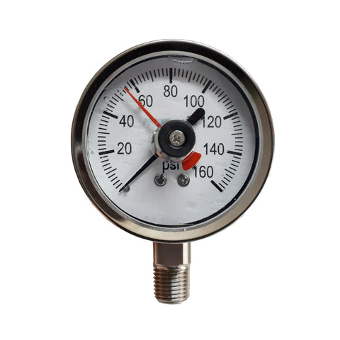 CLOSEOUT! Heavy Duty Repairable 304 Stainless Steel Pressure Gauge with SS Internals and Max Pointer, 0-160 PSI, 2-1/2 Inch Dial, 1/4 inch NPT Bottom Mount