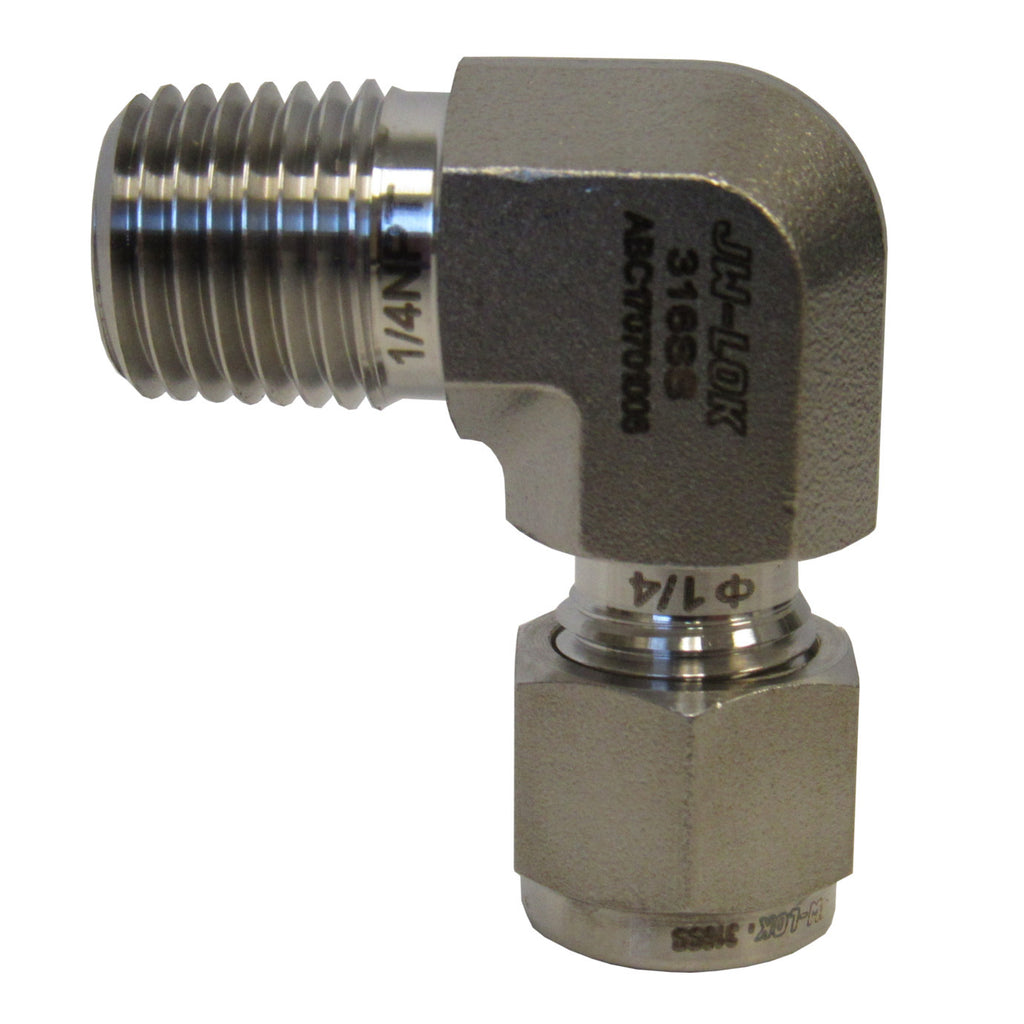 316 SS Compression Fitting, 1/4 Inch Tube X 1/4 Inch MNPT 90 Degree Elbow