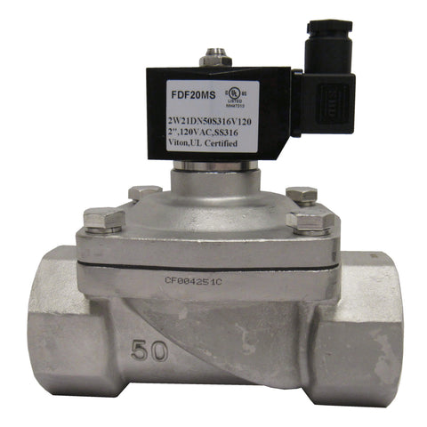 Solenoid Valve, 2 Inch NPT, 316 Stainless Steel, 120 VAC Coil, Viton Seal