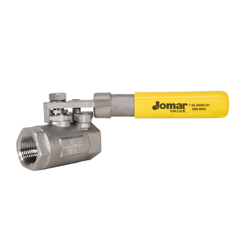 Jomar 100-933DH 1/2 Inch Stainless Steel Ball Valve 2 Piece, Standard Port, Threaded Connection, 2000 WOG, with Spring Return Handle