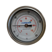 PRM Temperature Gauge, 32-250°F / 0-120°C, 3 Inch Dial, 304 Stainless Steel Case & Stem, 1/2 Inch NPT Back Mount