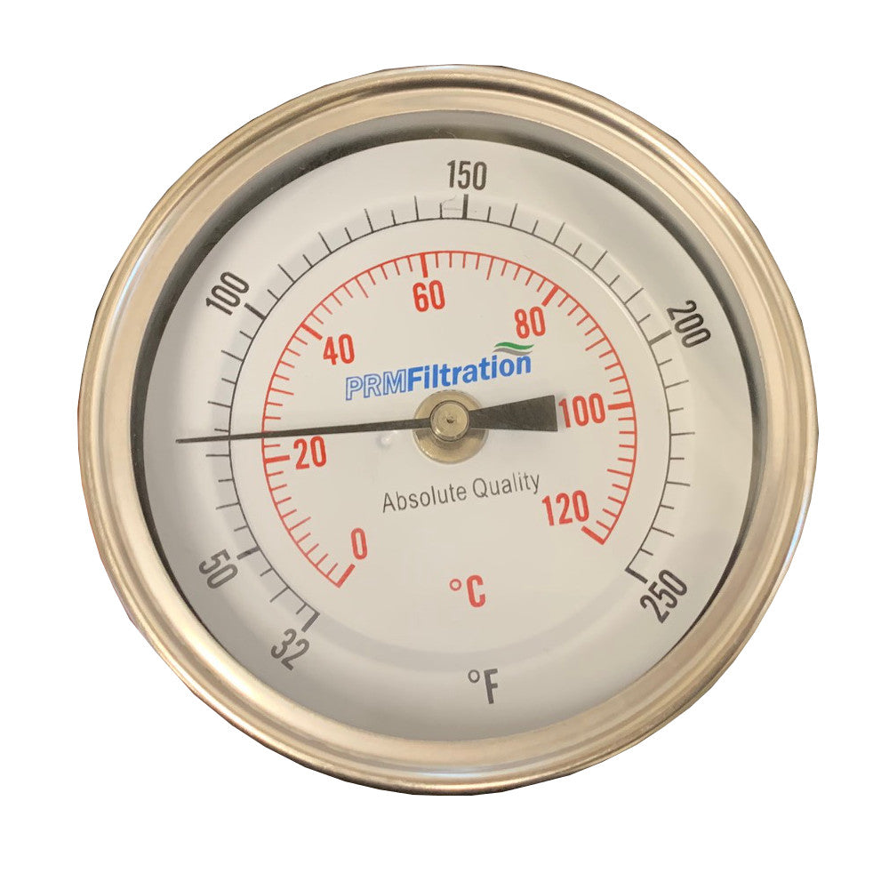 PRM Temperature Gauge, 32-250°F / 0-120°C, 3 Inch Dial, 304 Stainless Steel Case & Stem, 1/2 Inch NPT Back Mount