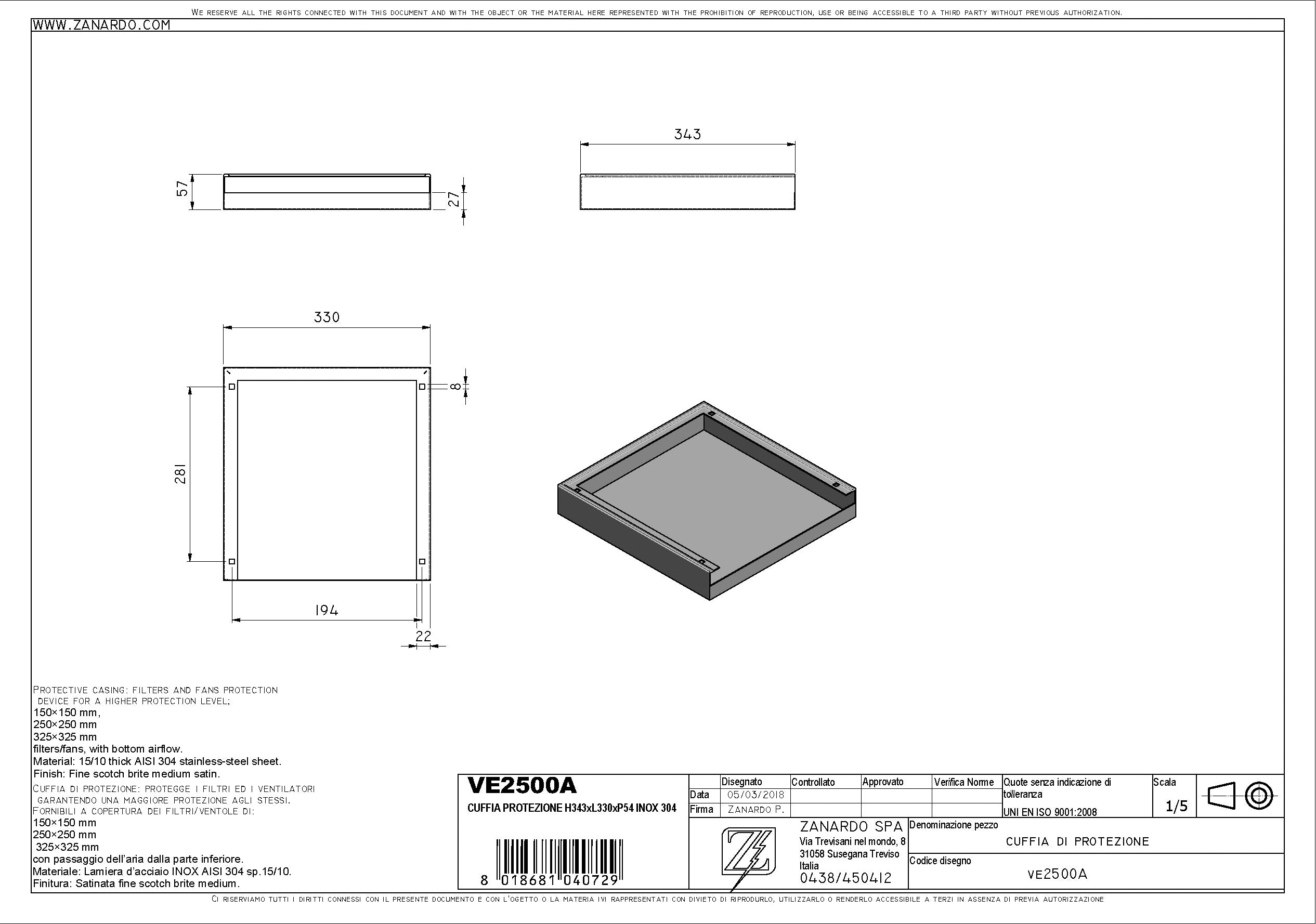 Tecnomatic VE2500SS Protective Cover For 10 Inch Fan, Stainless Steel