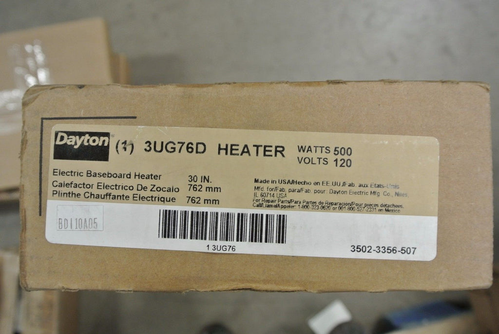 Dayton 3UG76D Electric Baseboard Wall Heater, 500 Watts, 120VAC,