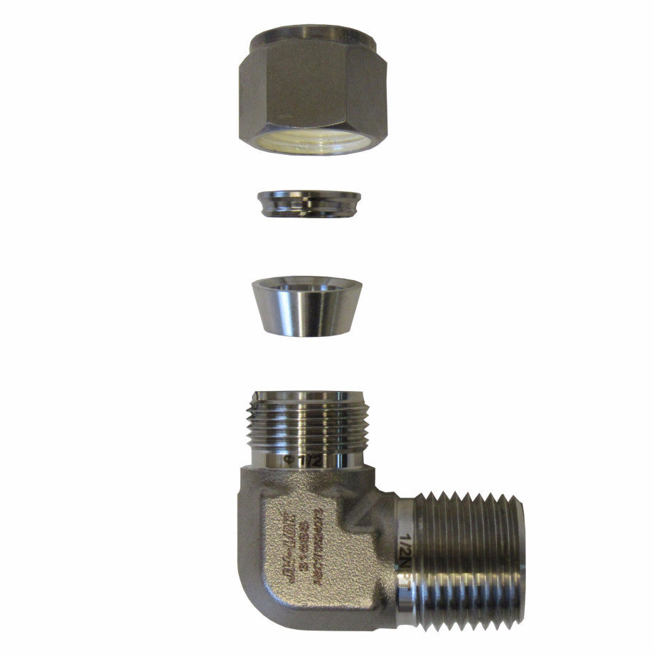 316 SS Compression Fitting, 1/4 Inch Tube X 1/8 Inch MNPT 90 Degree Elbow