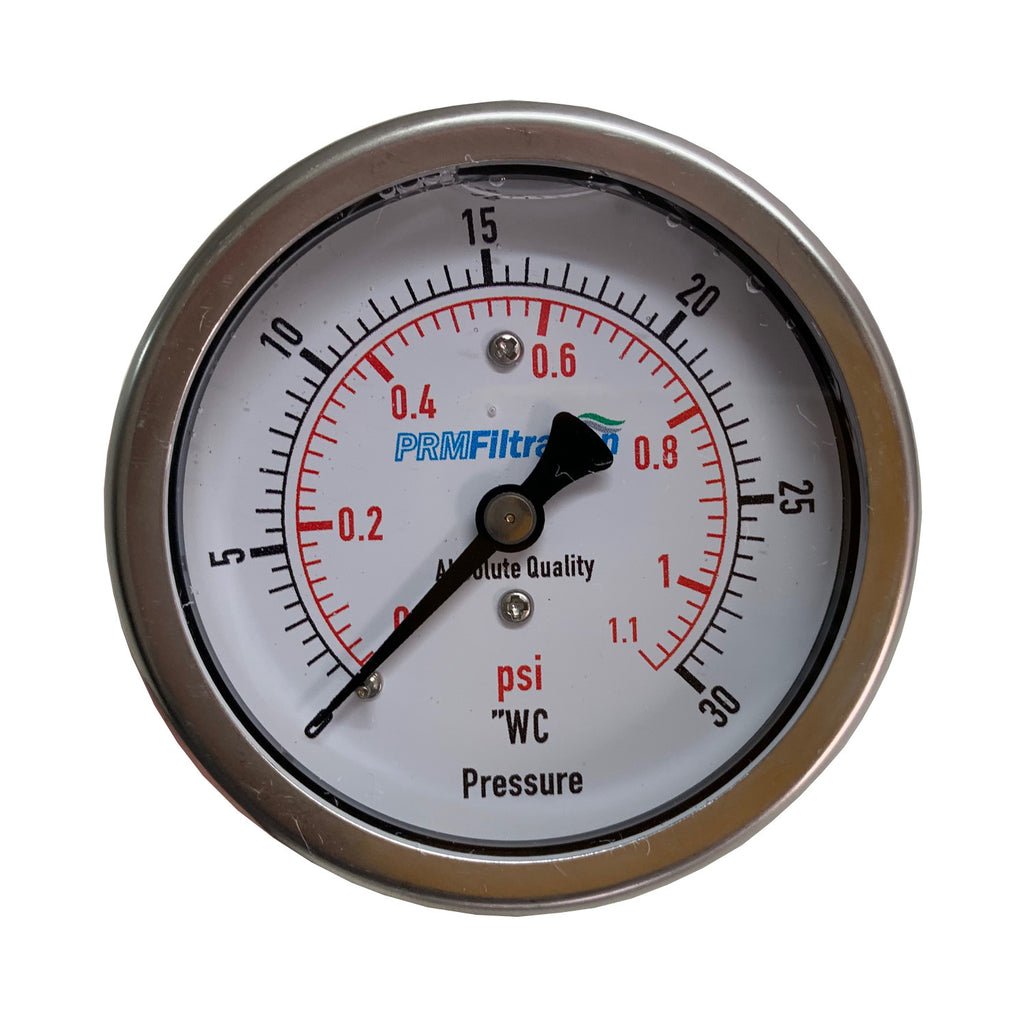PRM 304 Stainless Steel Pressure Gauge with Brass Internals, 0-30"WC, 2-1/2 Inch Dial, 1/4 Inch NPT Back Mount
