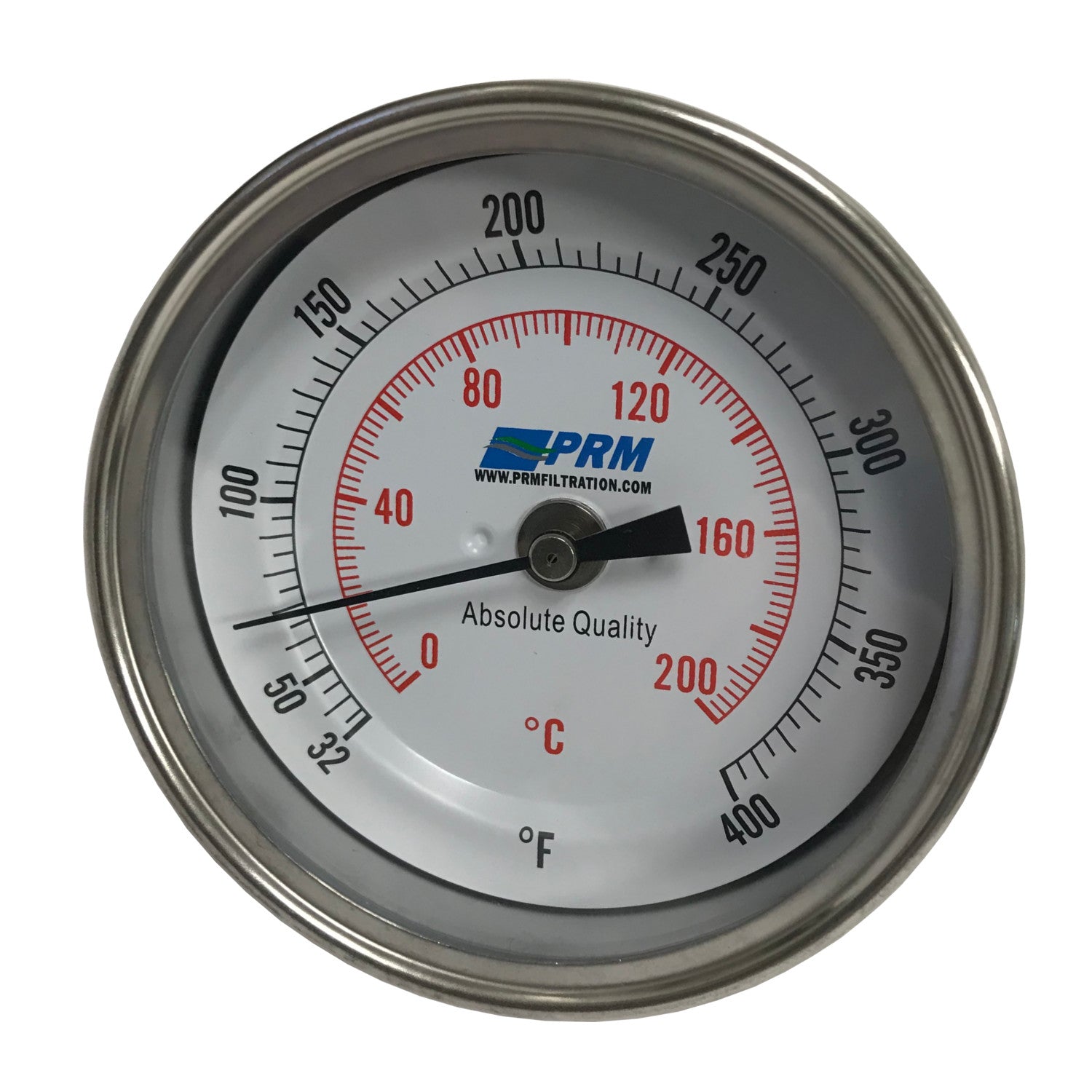 PRM Temperature Gauge, 32-400°F / 0-200°C, 3 Inch Dial, 304 Stainless Steel  Case & Stem, 1/2 Inch NPT Back Mount